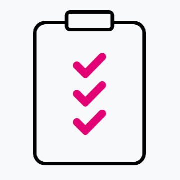 An icon of a clipboard with three pink checkmarks.